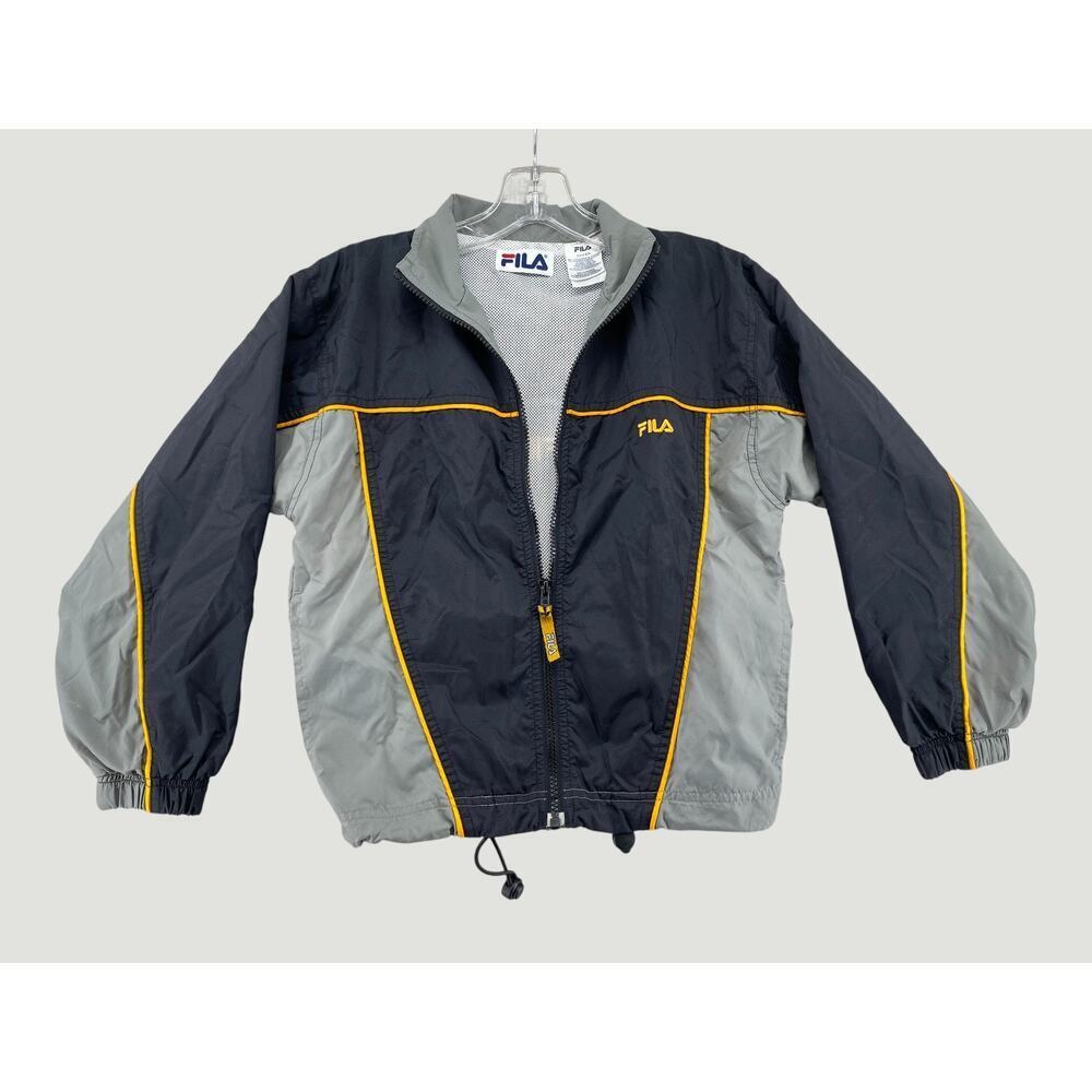 FILA Youth L Colorblock Windbreaker Jacket Black Gray Yellow Mesh Lined